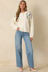 Where the Wildflowers Are Ivory Multi Knit Floral Embroidered Cardigan Sweater