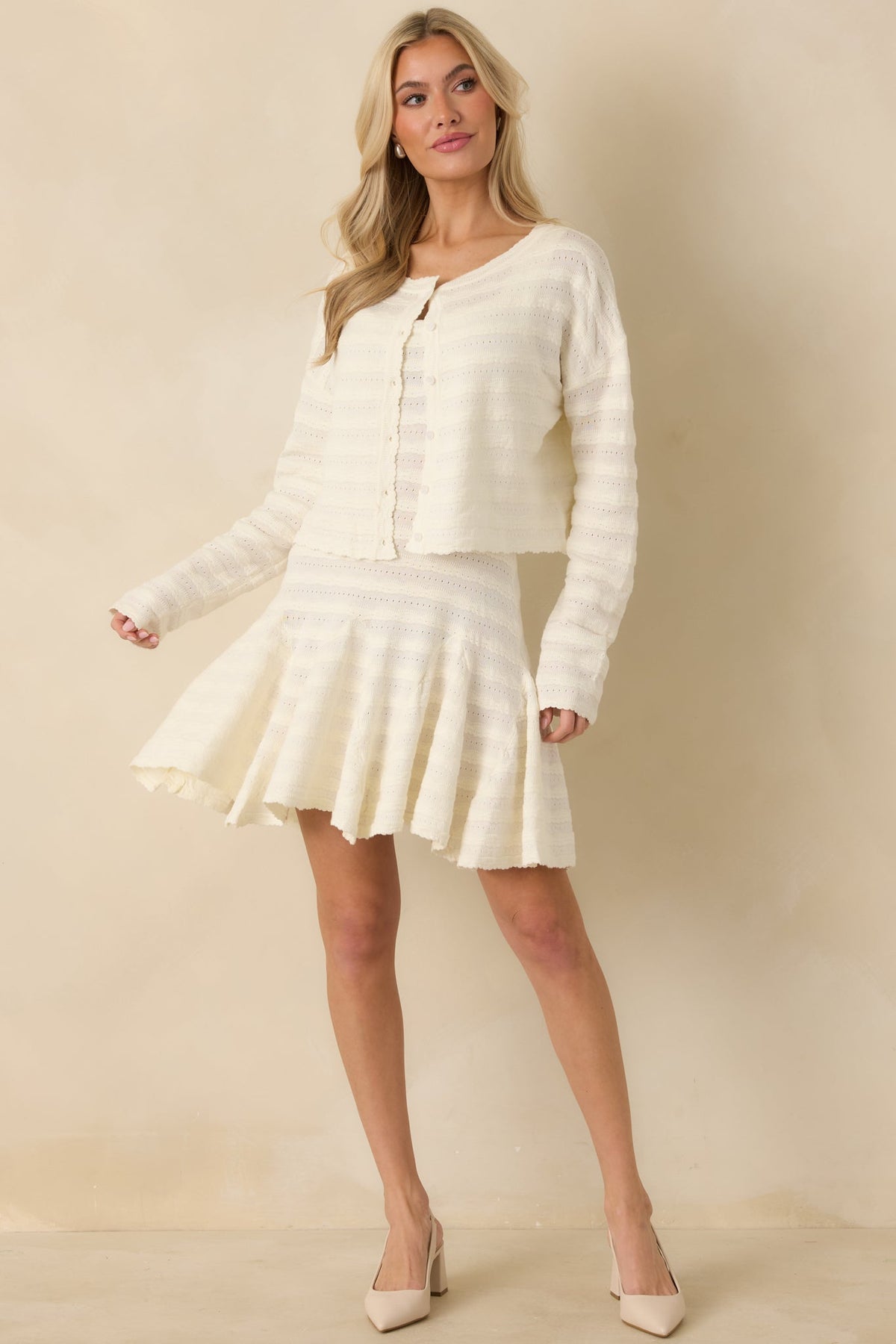 Away We Go Ivory Textured Knit Button Front Cardigan
