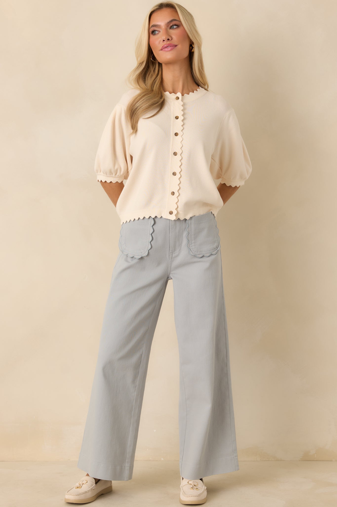 Simply So Cute Ivory Knit Scalloped Edge Puff Sleeve Button Up Cardigan