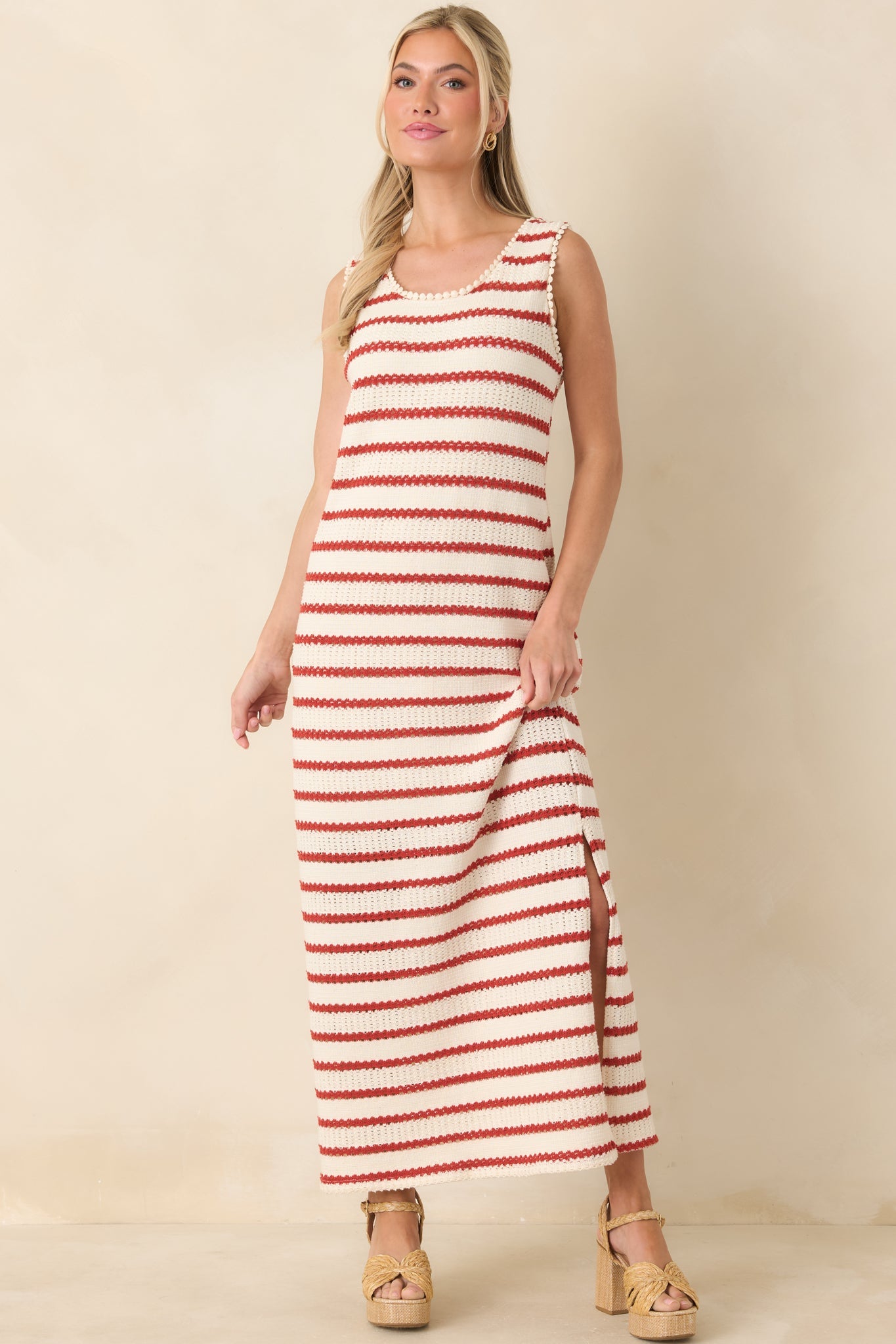 Worth Talking About Red & Ivory Stripe Knit Sleeveless Maxi Dress