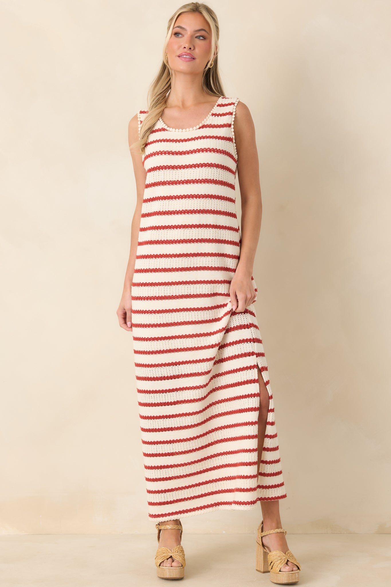 Worth Talking About Red & Ivory Stripe Knit Sleeveless Maxi Dress
