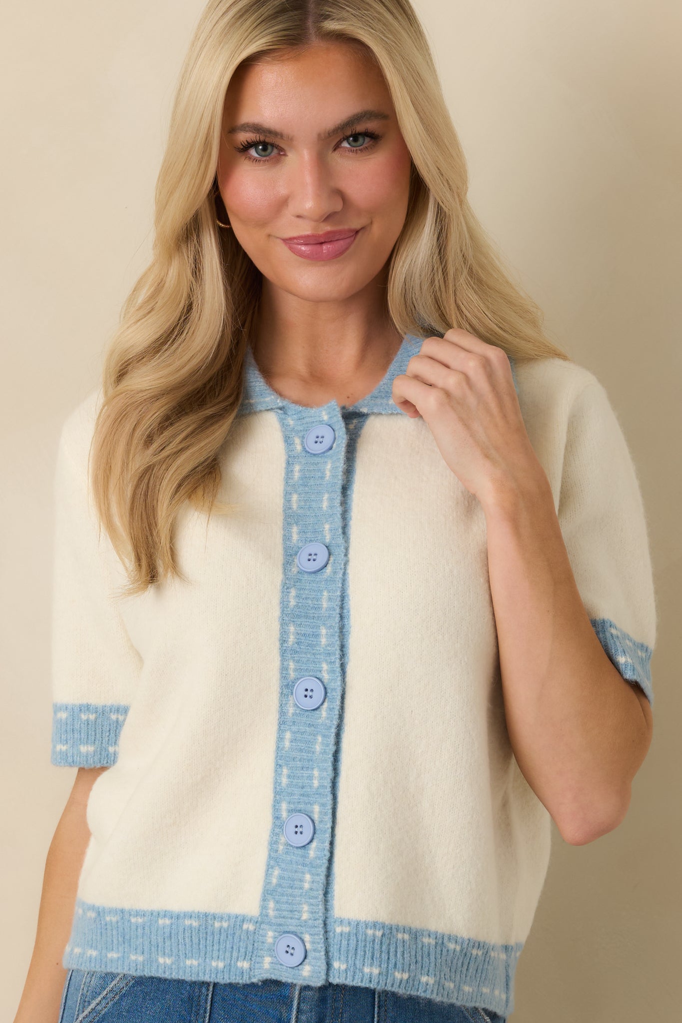 Clubhouse Chic Blue & Ivory Contrast Trim Button-Front Knit Polo Cardigan