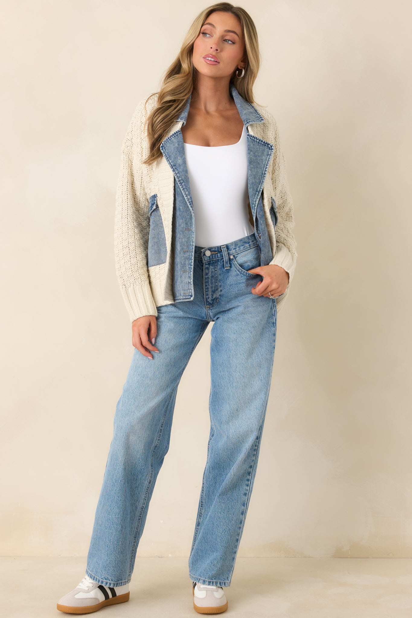 Everything In Between Ivory Knit Denim Jacket