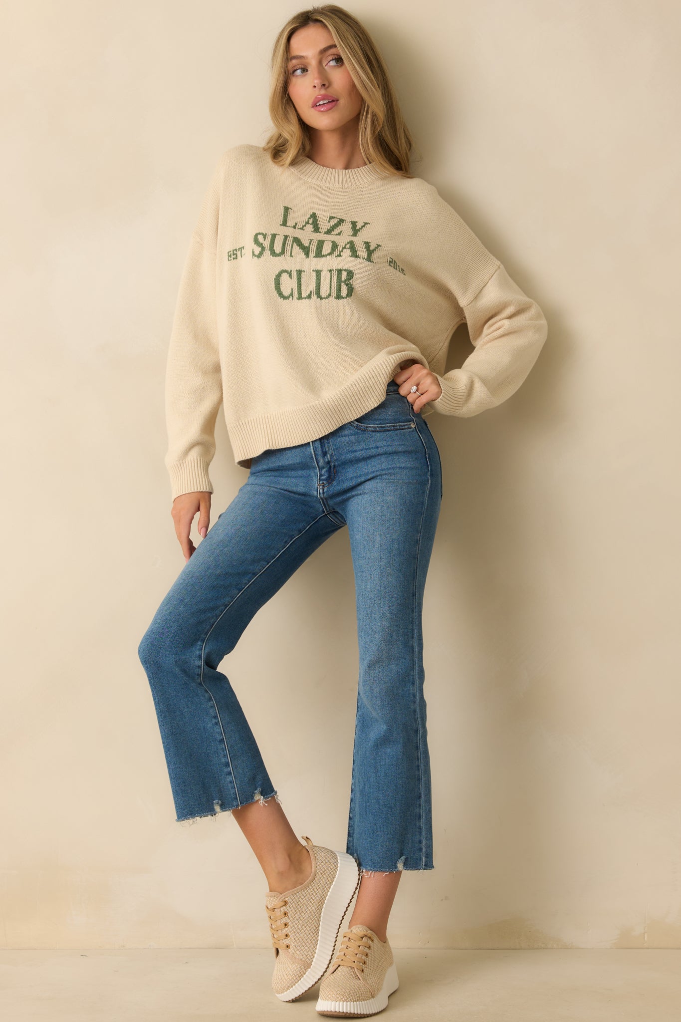 Lazy Sunday Club Ivory Graphic Knit Crewneck Sweater