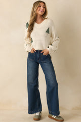 Pining For Cozy Ivory Knit Pine Tree V-Neck Sweater