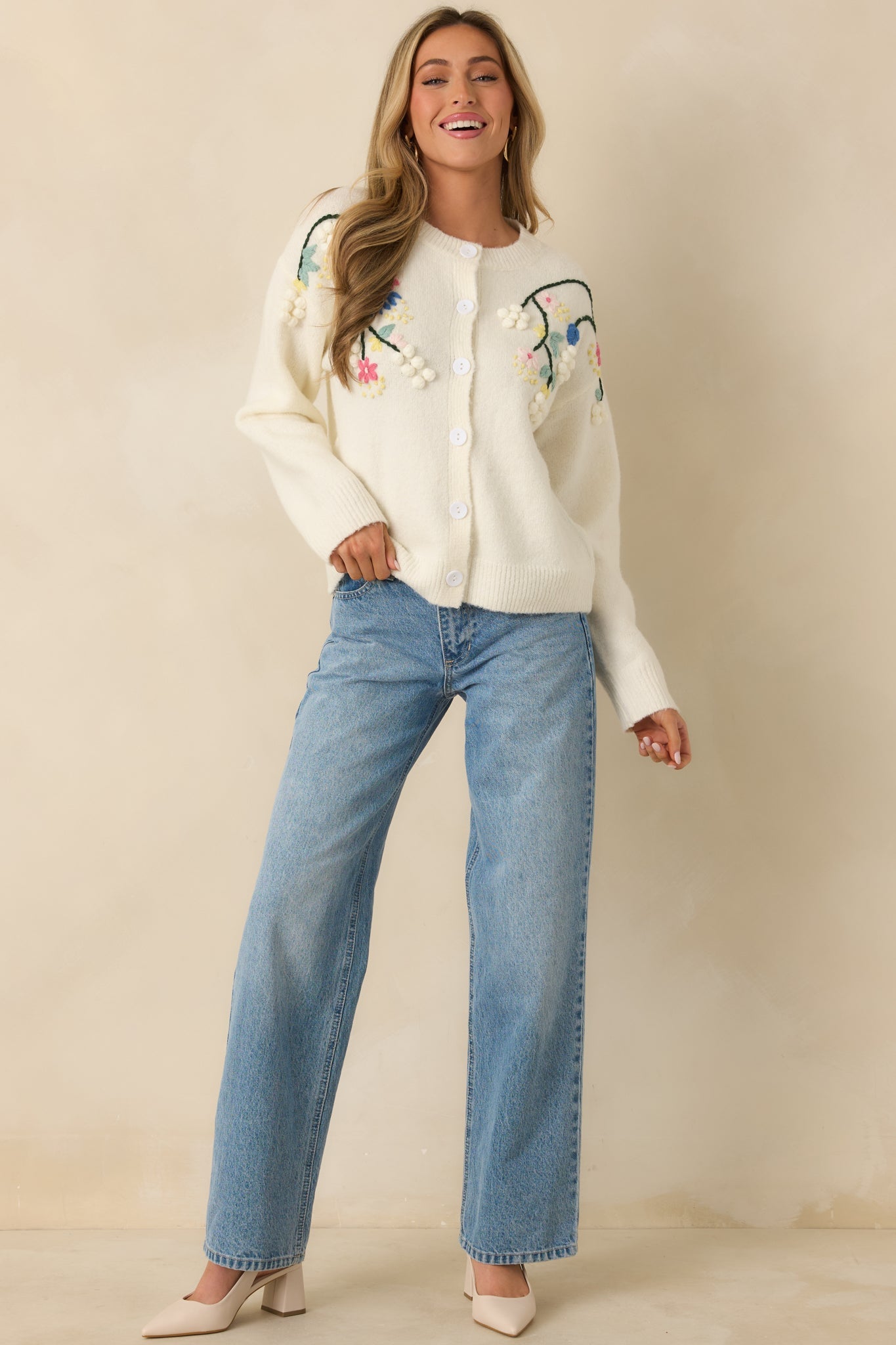 Where the Wildflowers Are Ivory Multi Knit Floral Embroidered Cardigan Sweater