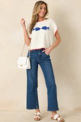 Reel Cute Ivory Multi Knit Short Sleeve Fish Sweater