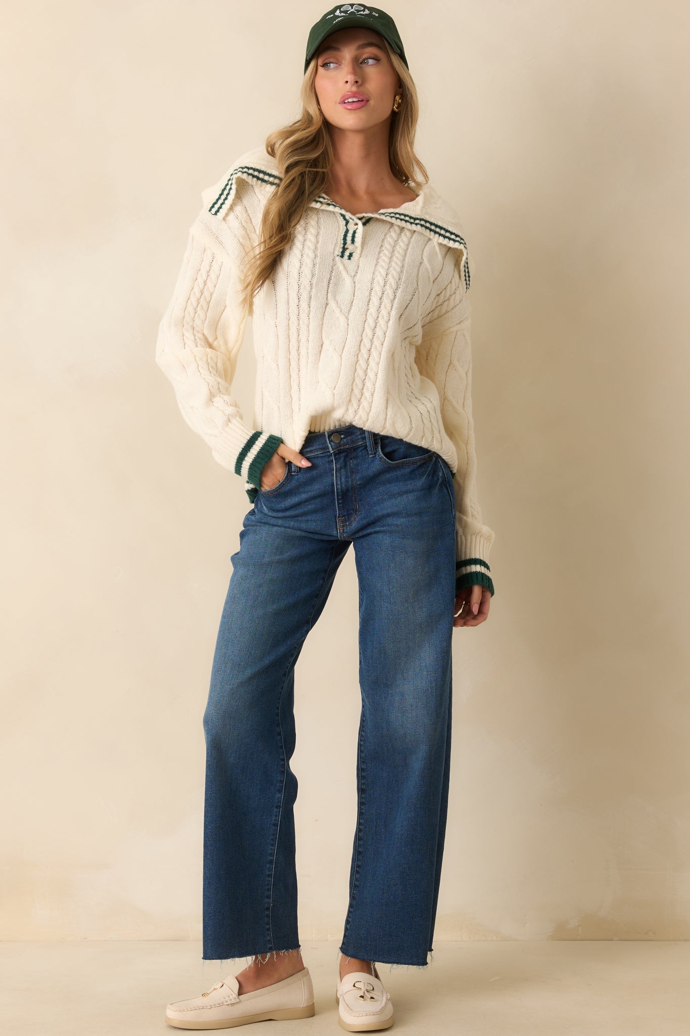 Just Going With It Ivory Cable Knit Contrast Trim Collared Sweater