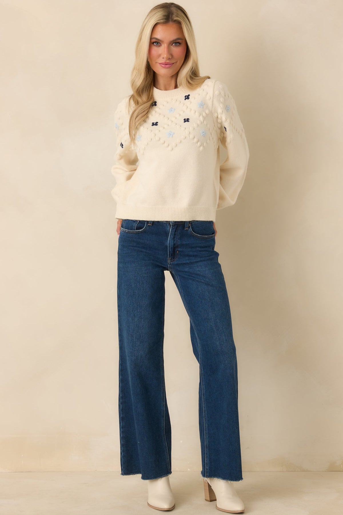Petals and Pearls Ivory Multi Knit Floral Embroidered Crewneck Sweater
