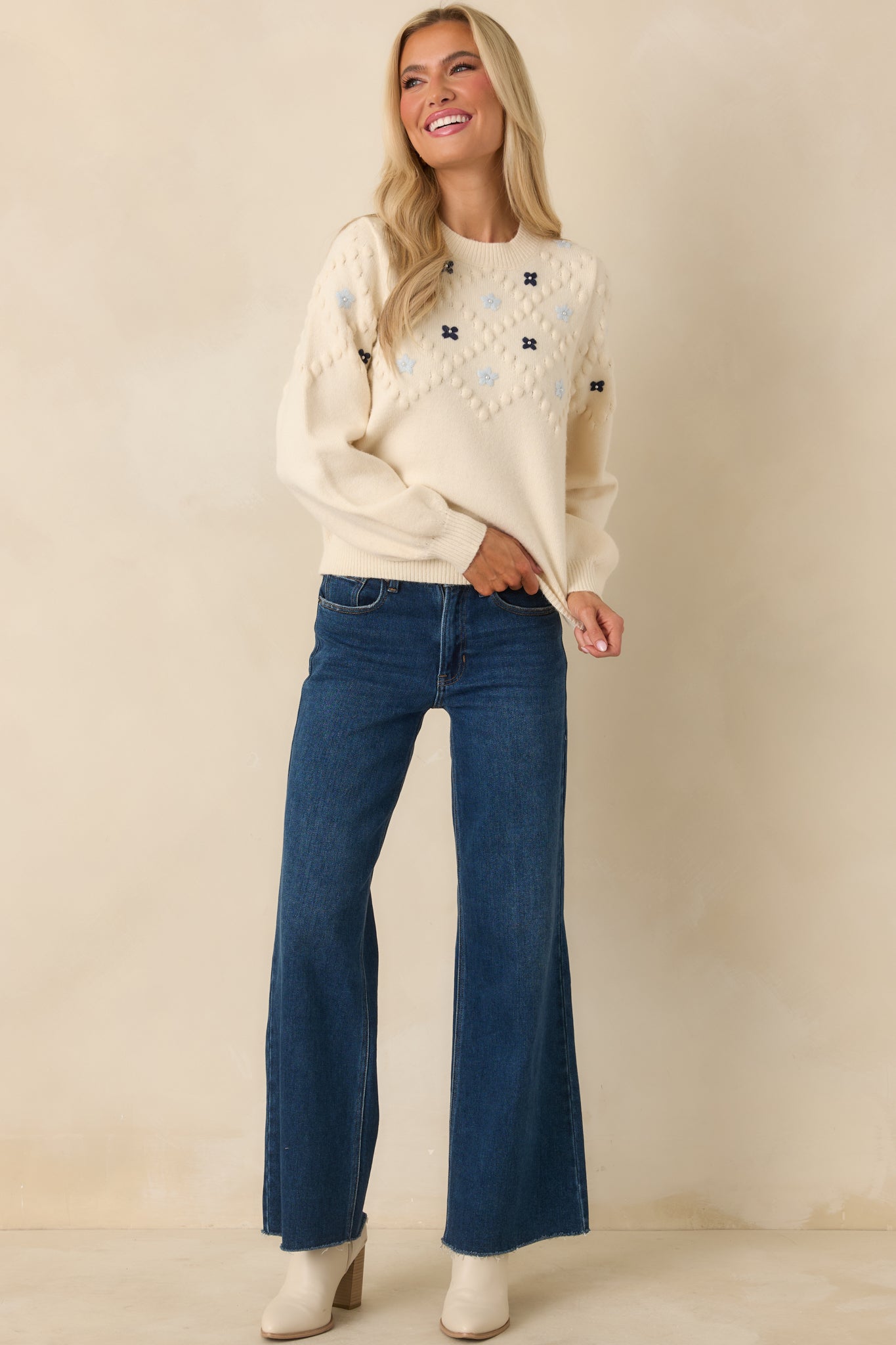 Petals and Pearls Ivory Multi Knit Floral Embroidered Crewneck Sweater