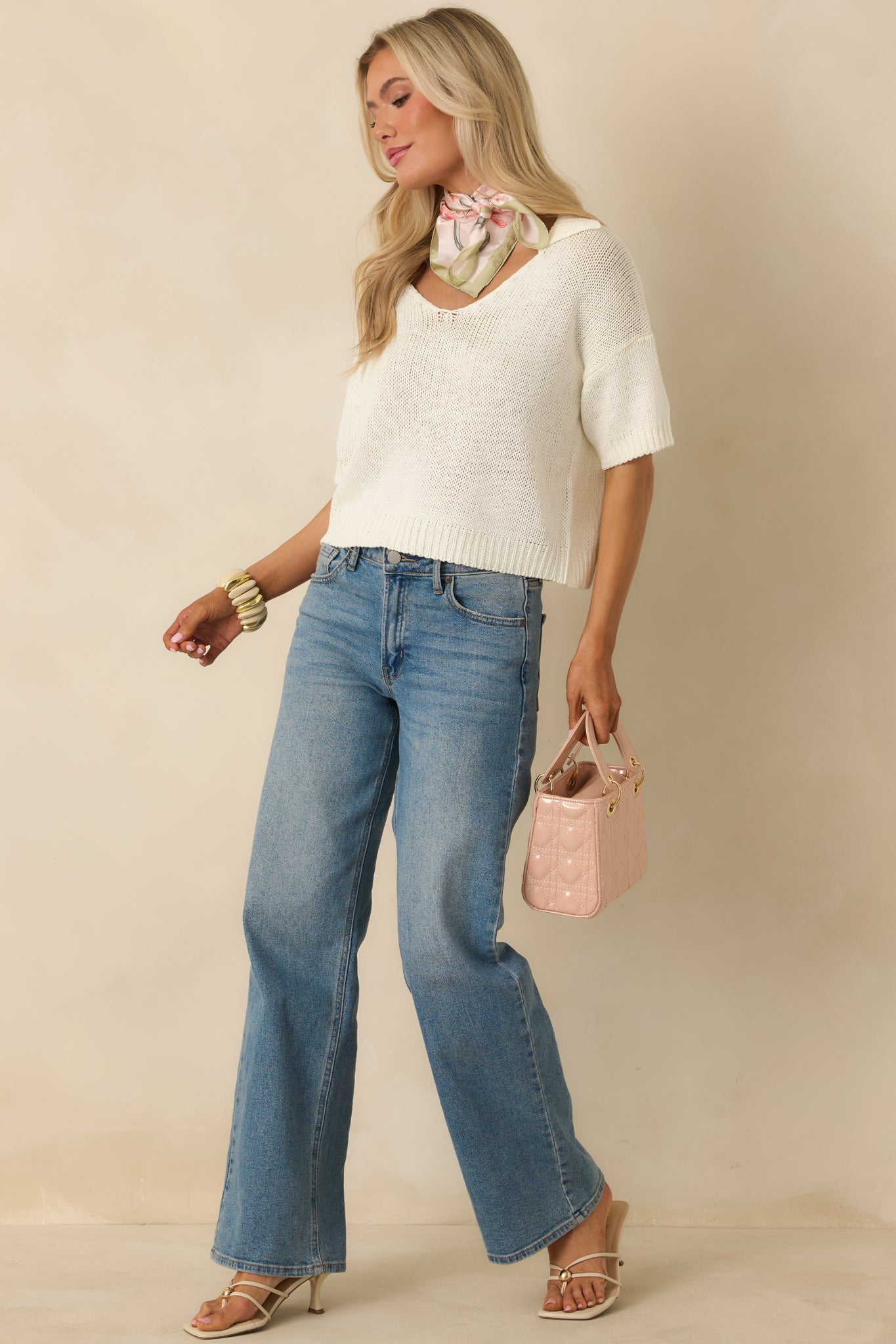 Without Thinking Twice Ivory Knit Collard V-Neck Short Sleeve Sweater