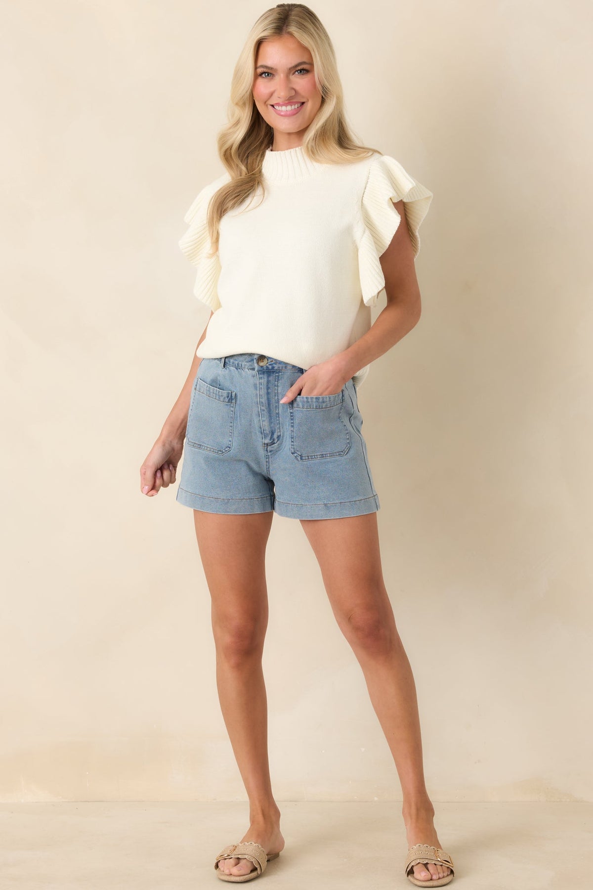 Watch Her Work Ivory Knit Flutter Sleeve Top