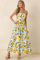 Sweet Citrus Charm White Multi Lemon Print Cotton Maxi Skirt