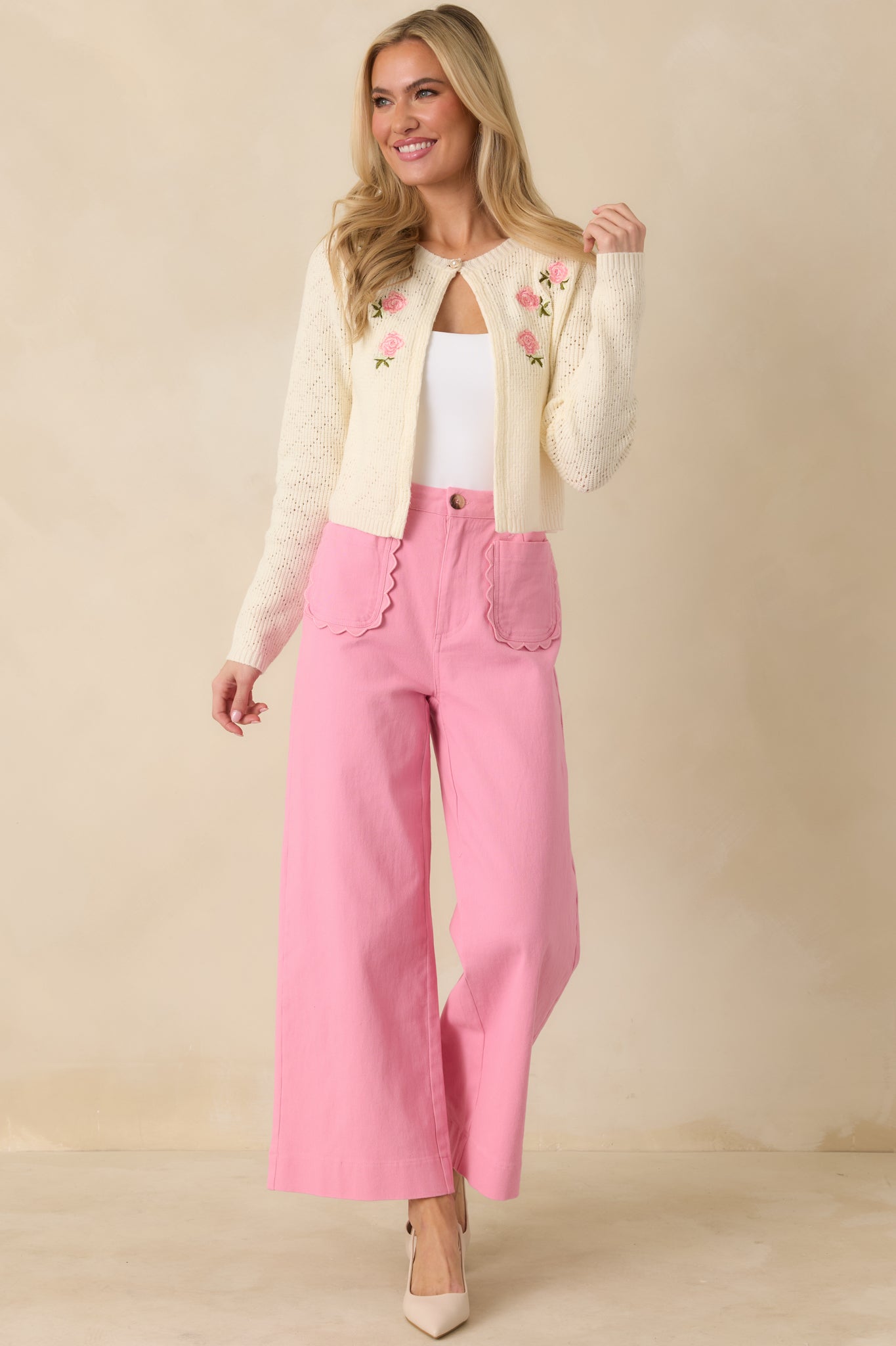 The Primrose Parlour Ivory Knit Pink Rose Embroidered Cardigan