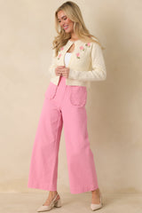 The Primrose Parlour Ivory Knit Pink Rose Embroidered Cardigan