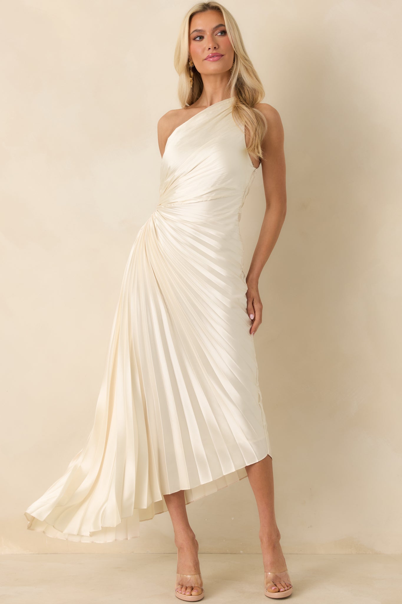 Poetic Charm Light Ivory Asymmetric One Shoulder Maxi Dress