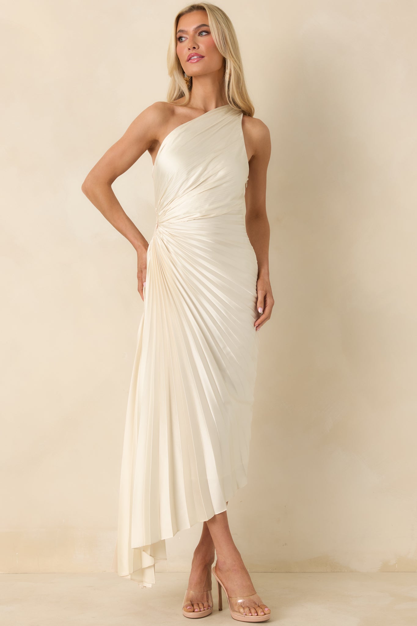Poetic Charm Light Ivory Asymmetric One Shoulder Maxi Dress