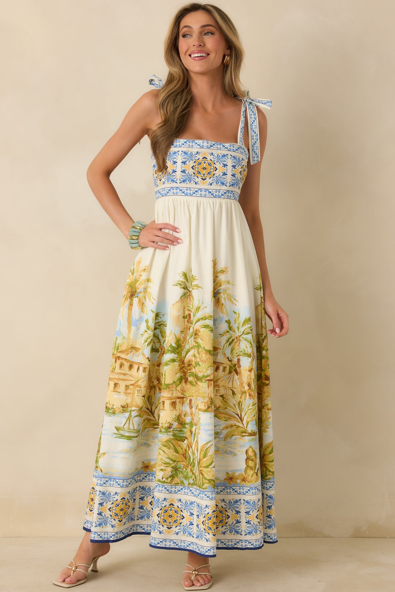 Paradise in Sunlight Ivory Multi Tie-Strap Cotton Maxi Dress