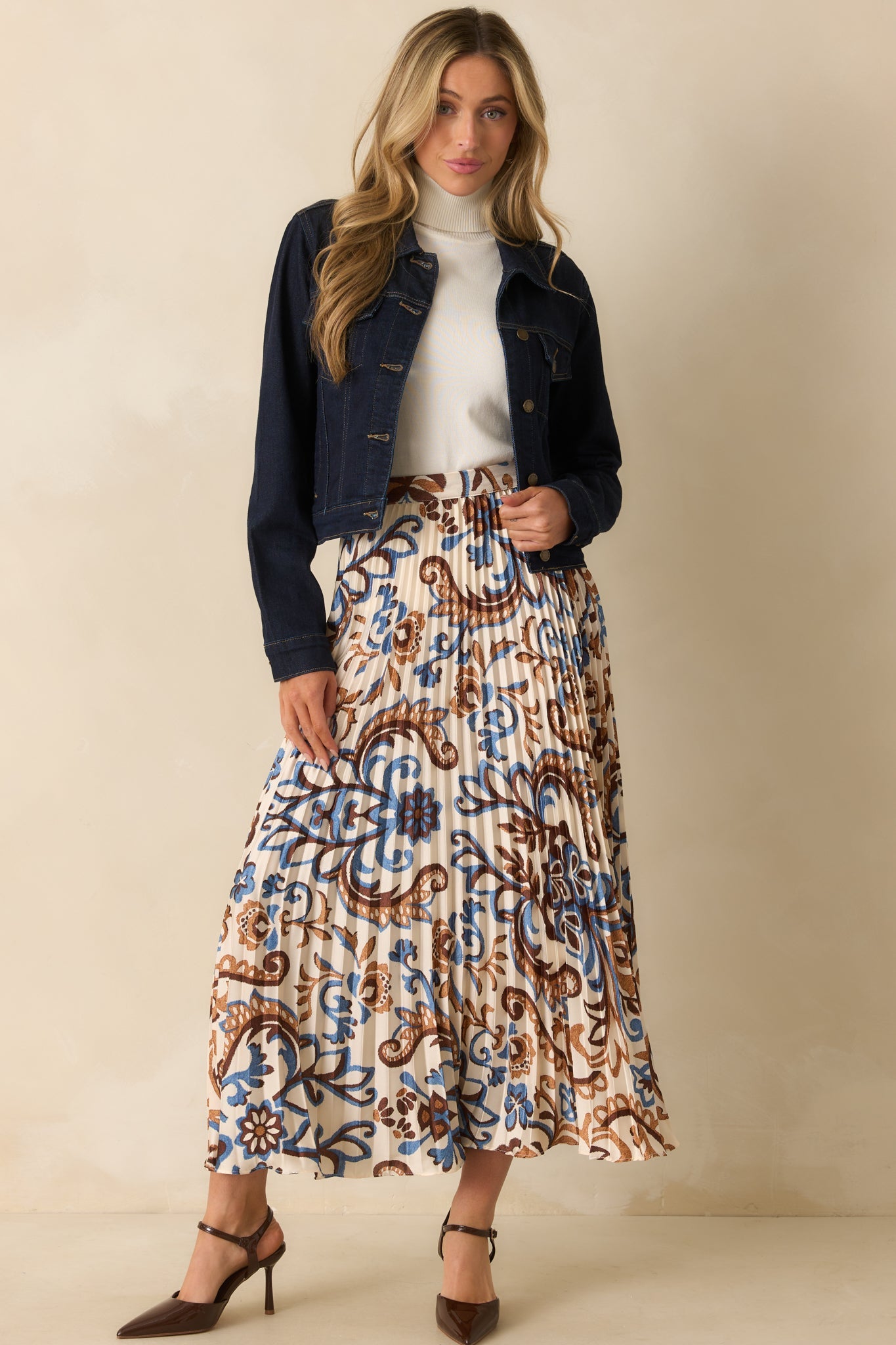 Some Things To Say Ivory Multi Print Satin Pleated Maxi Skirt