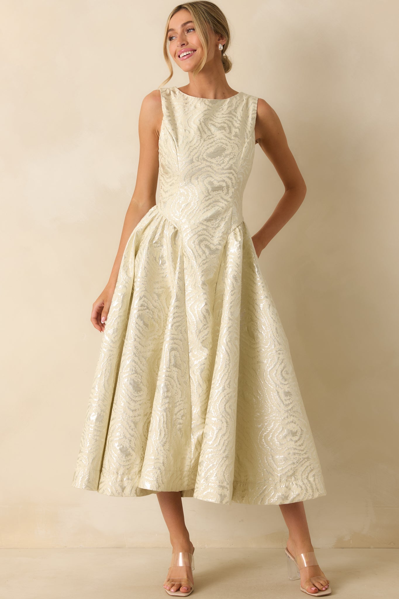 Written in Light Ivory Metallic Jacquard Sleeveless Maxi Dress