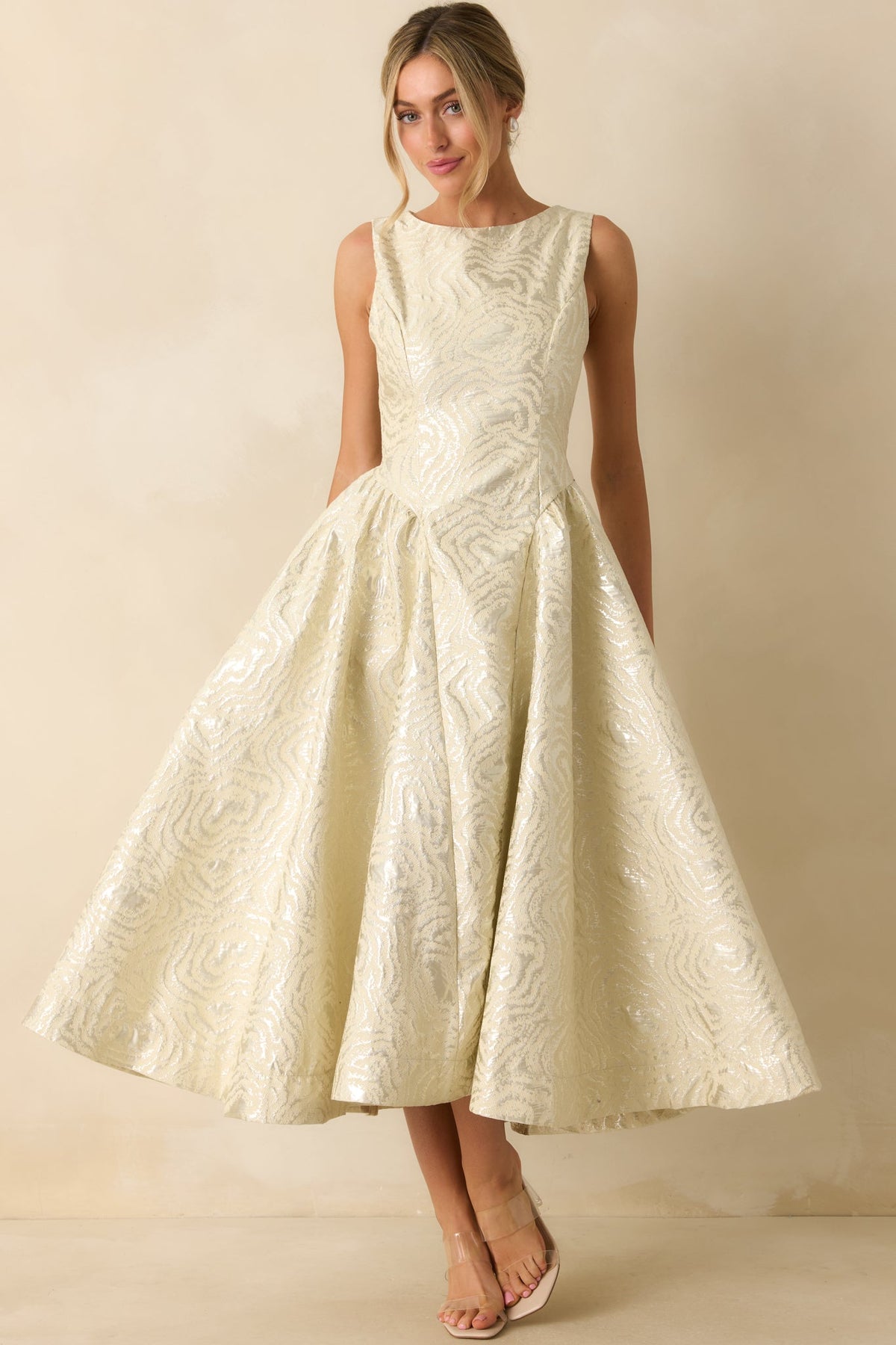 Written in Light Ivory Metallic Jacquard Sleeveless Maxi Dress