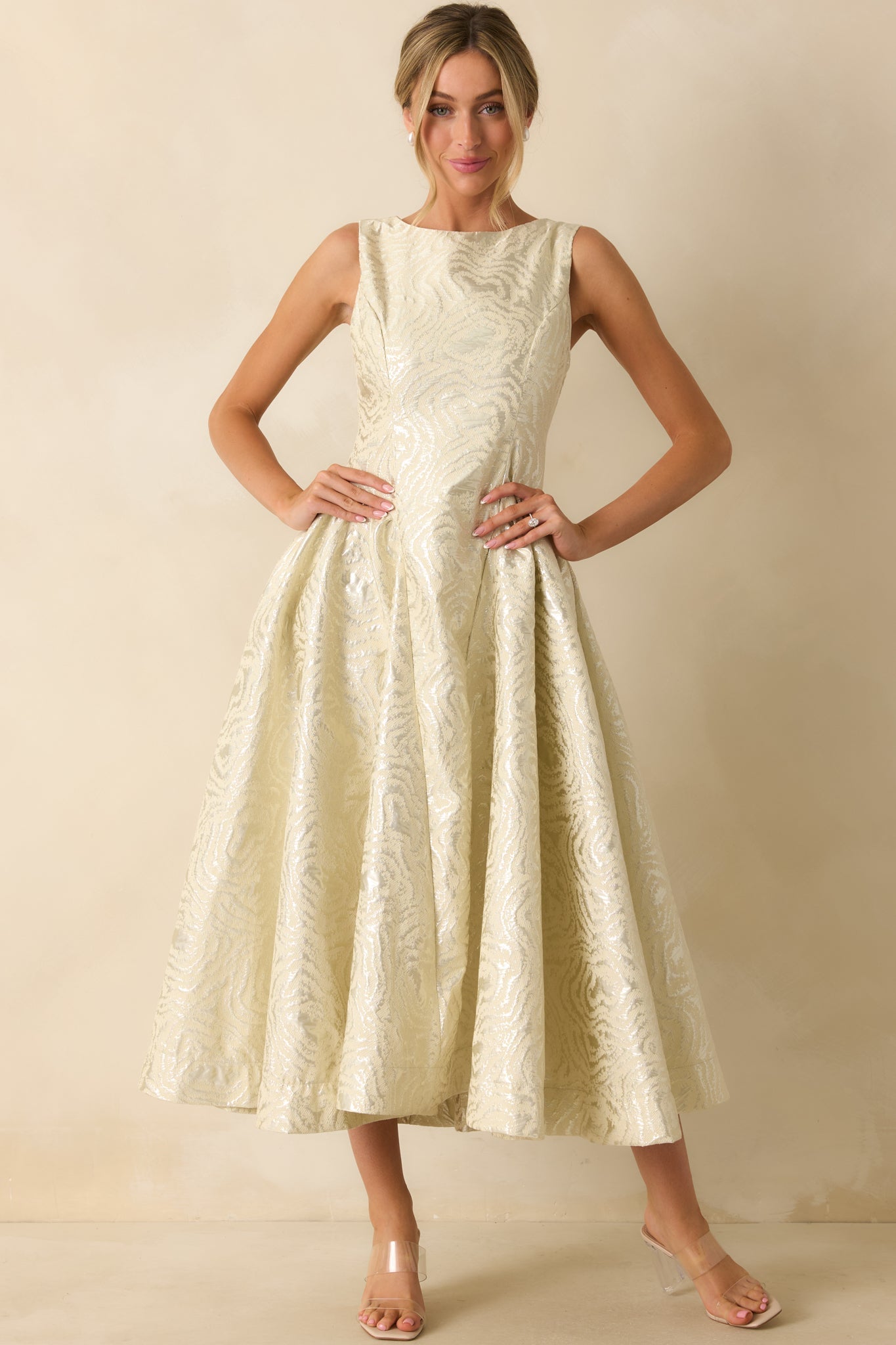 Written in Light Ivory Metallic Jacquard Sleeveless Maxi Dress