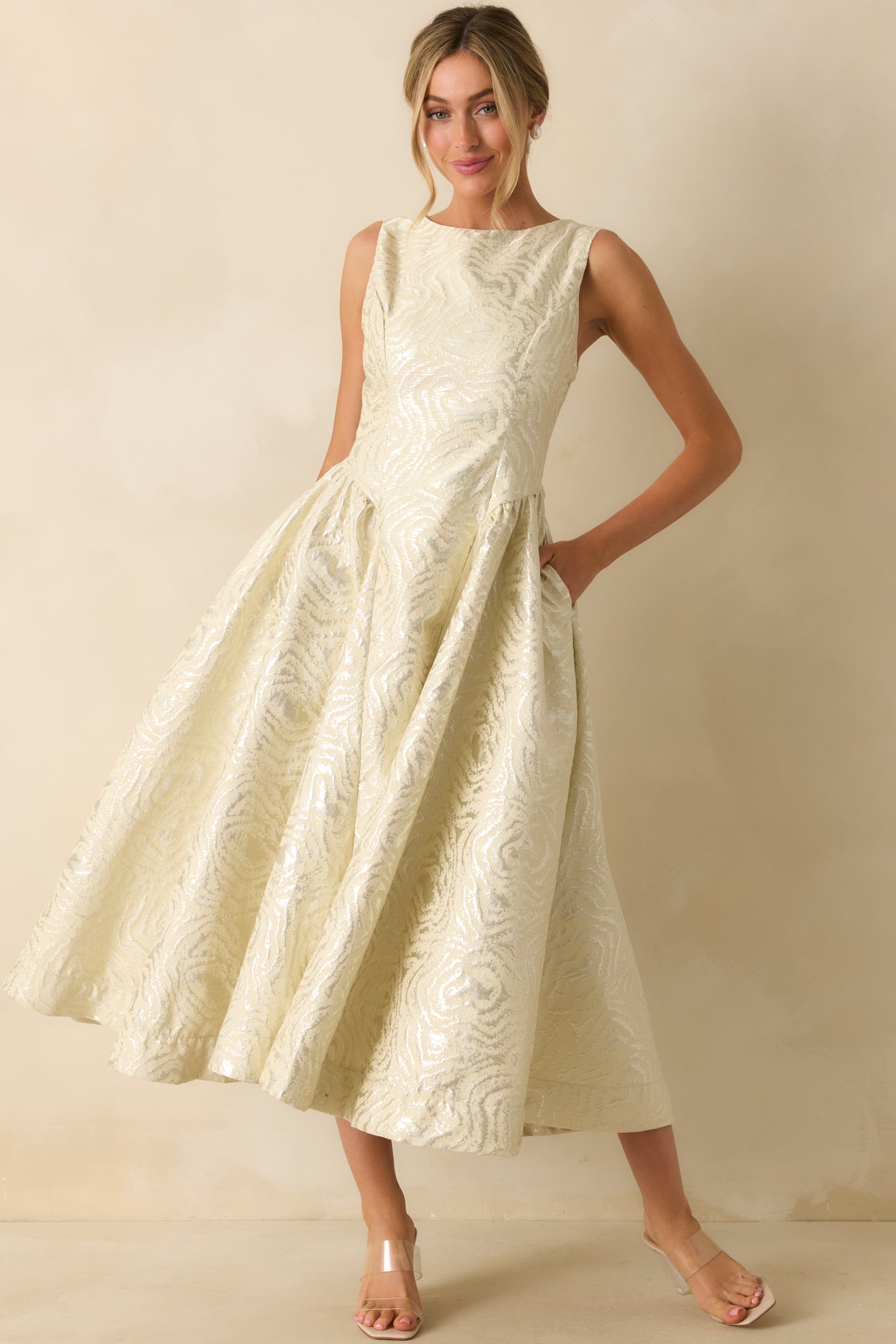 Written in Light Ivory Metallic Jacquard Sleeveless Maxi Dress