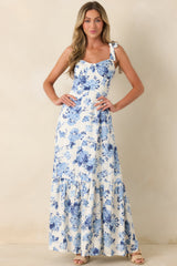 Timeless & True Blue Floral Tie Shoulder Tiered Midi Dress