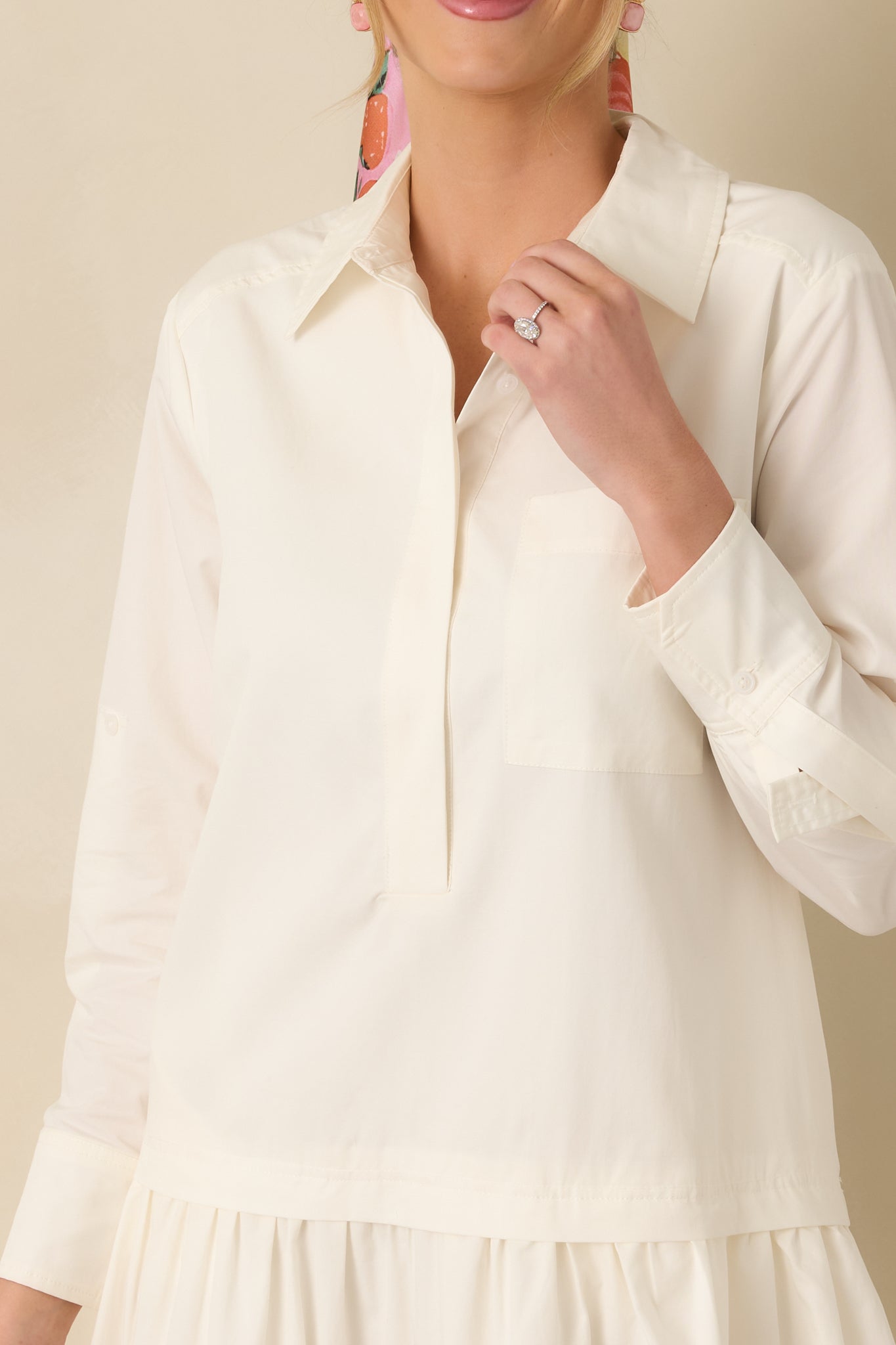 Always a Classic Ivory Cotton Blend Long Sleeve Mini Shirt Dress