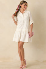 Always a Classic Ivory Cotton Blend Long Sleeve Mini Shirt Dress