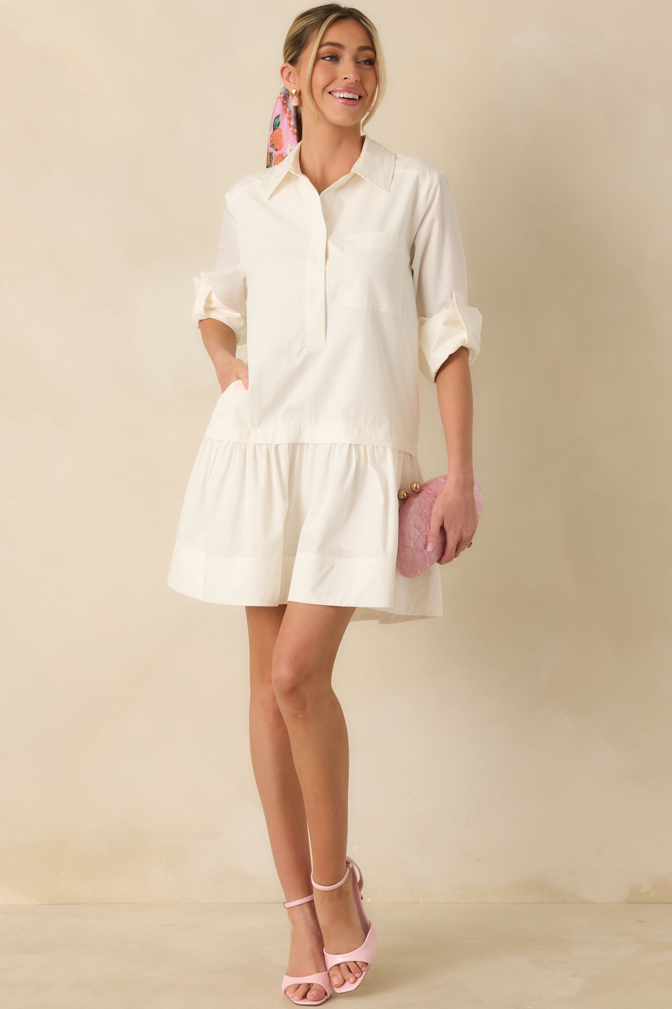 Always a Classic Ivory Cotton Blend Long Sleeve Mini Shirt Dress