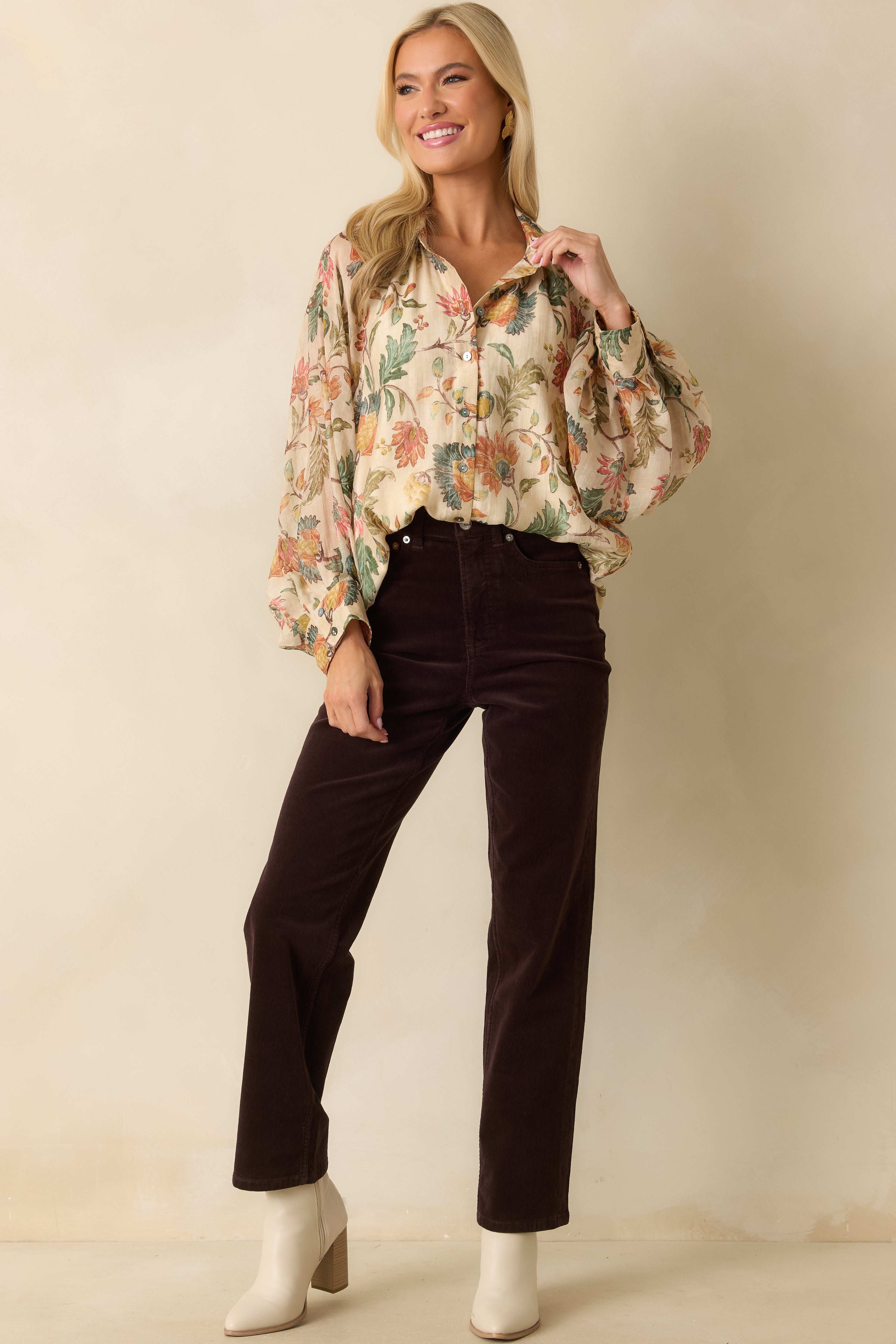 Pressed Petals Ivory Multi Floral Print Peasant Sleeve Blouse