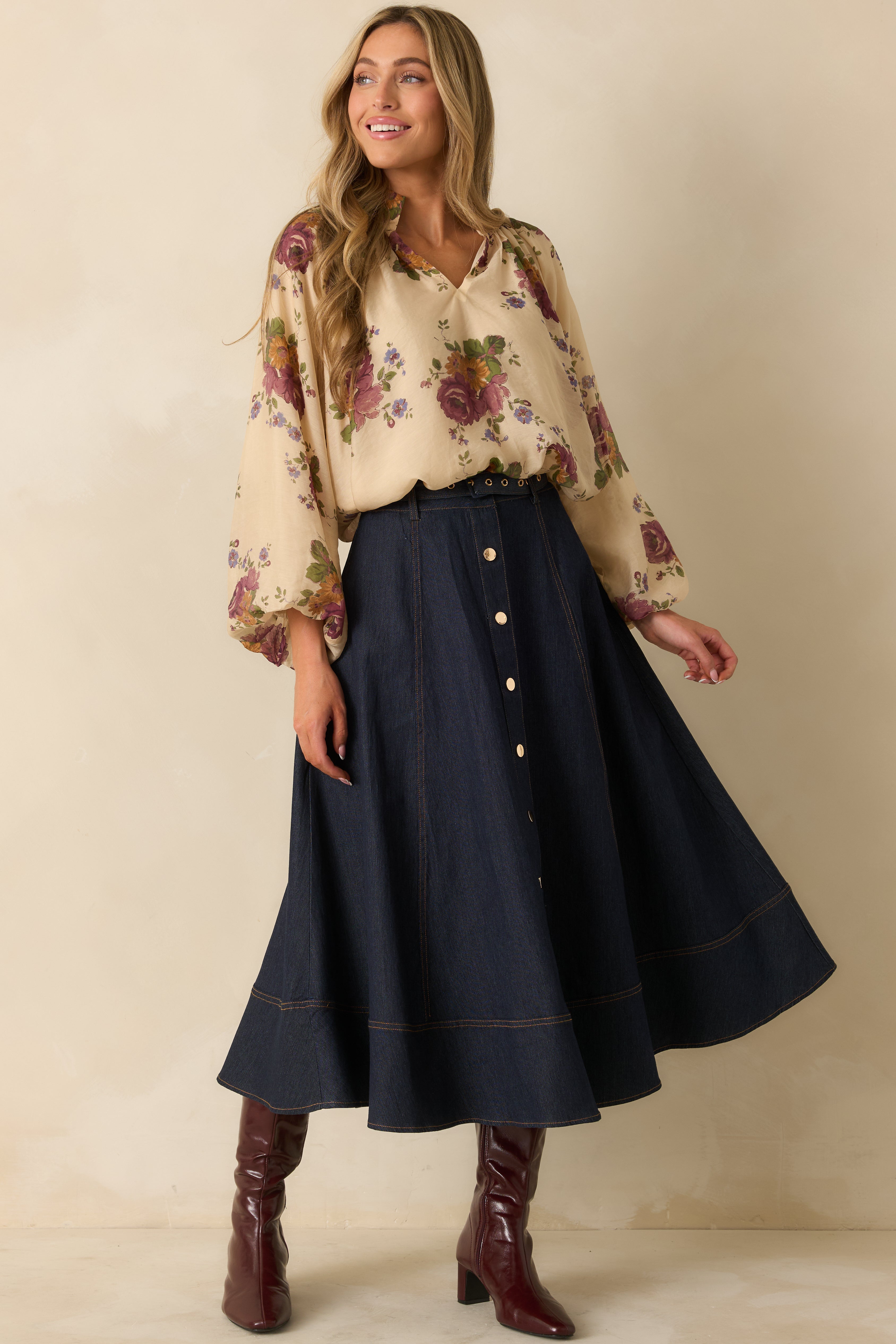 Garden Daydream Ivory Multi Floral Peasant Sleeve Blouse