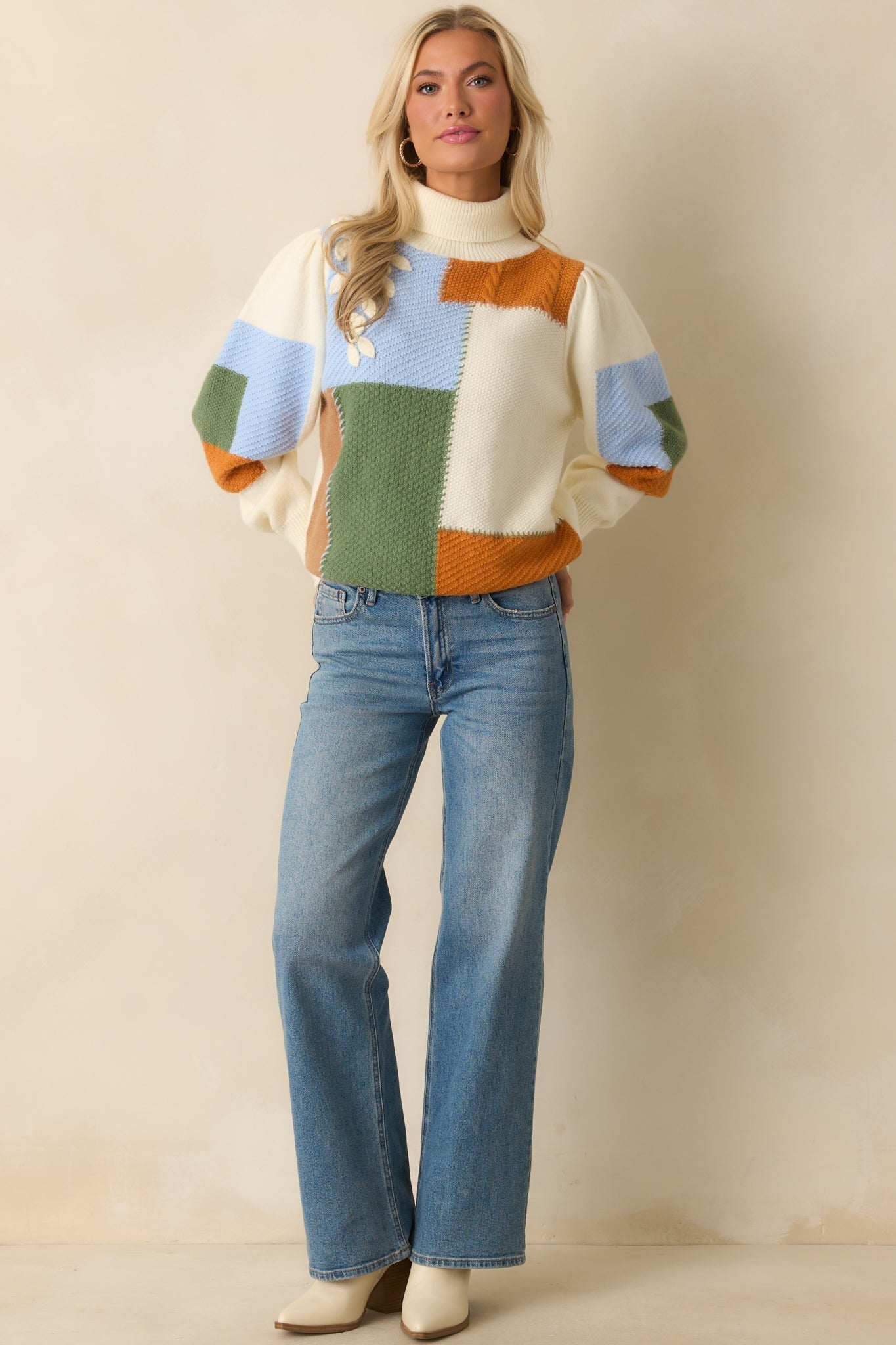 To Each Their Own Ivory Multi Patchwork Turtleneck Sweater