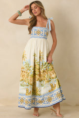 Paradise in Sunlight Ivory Multi Tie-Strap Cotton Maxi Dress