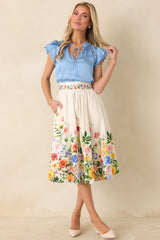 A Beautiful Arrangement Ivory Multi Floral Cotton Midi Skirt