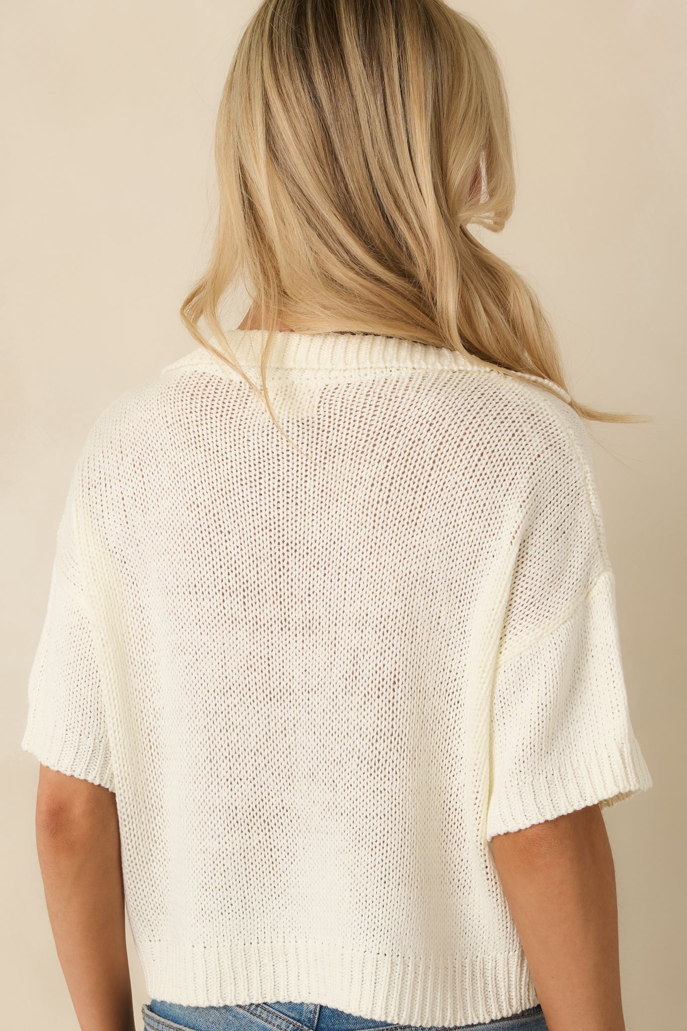 Without Thinking Twice Ivory Knit Collard V-Neck Short Sleeve Sweater