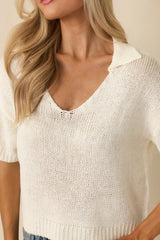 Without Thinking Twice Ivory Knit Collard V-Neck Short Sleeve Sweater