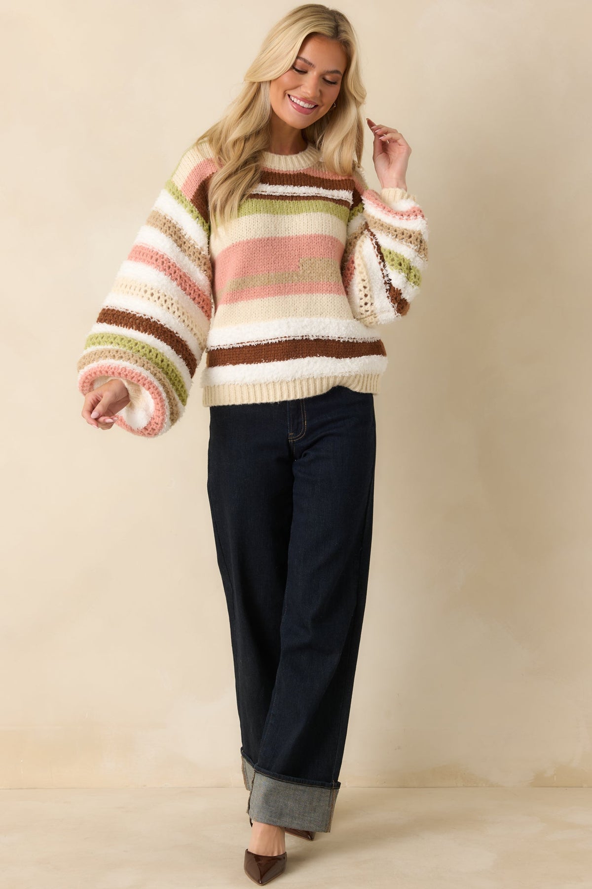 Line It Up Ivory Multi Textured Stripe Oversized Sweater