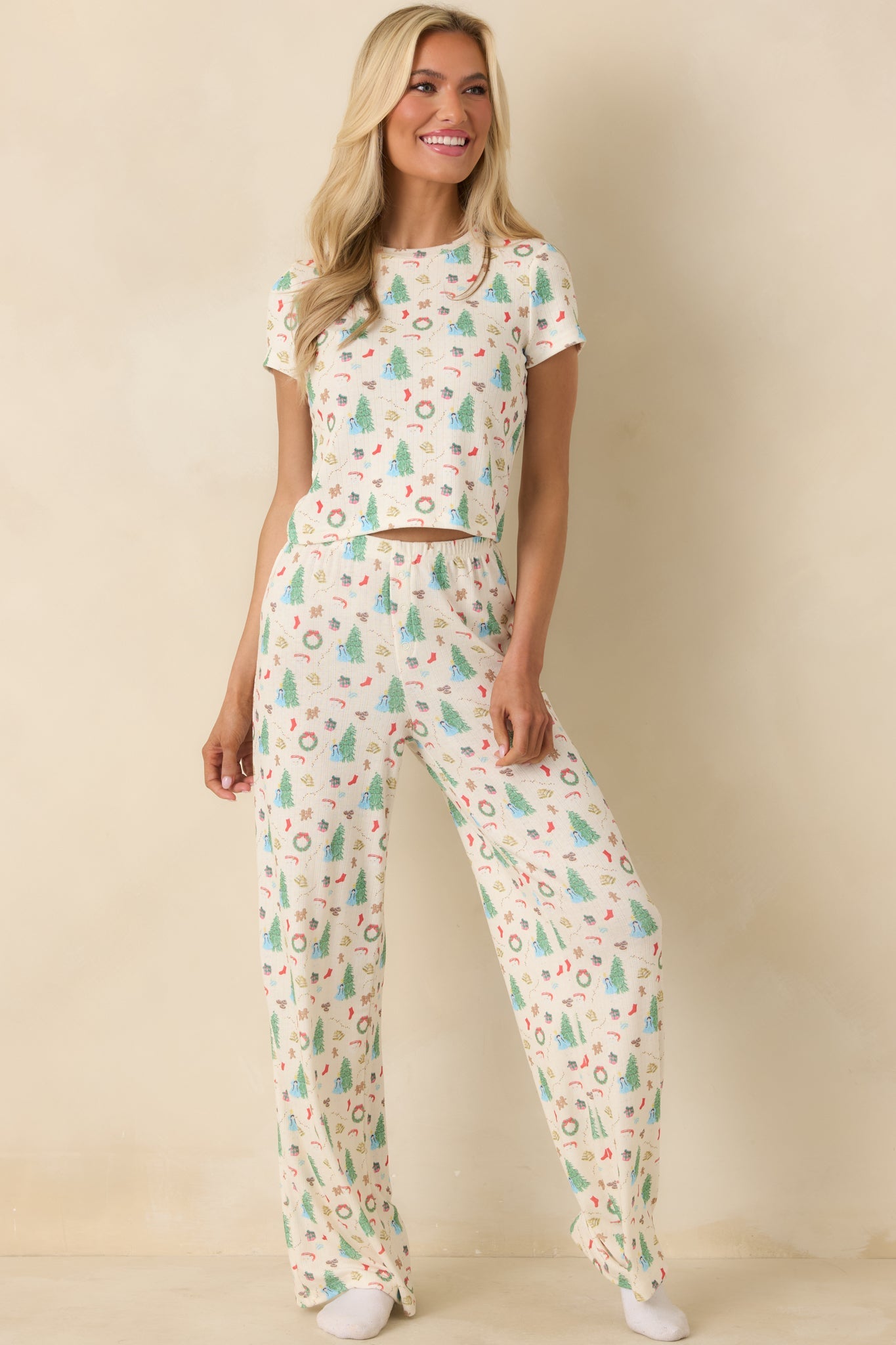 Holiday Morning Ivory Multi Christmas Print Short Sleeve Pajama Top