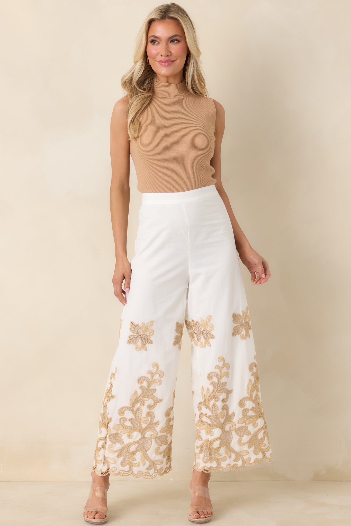 Kiss Me in Champagne Ivory Cotton Lace Applique Wide Leg Pants