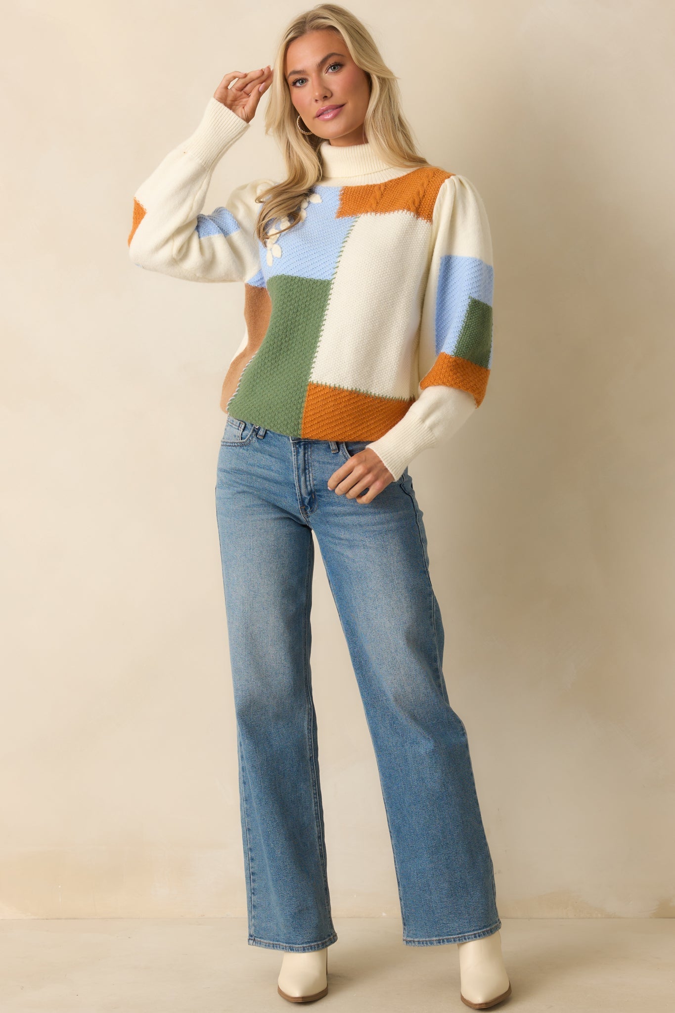 To Each Their Own Ivory Multi Patchwork Turtleneck Sweater