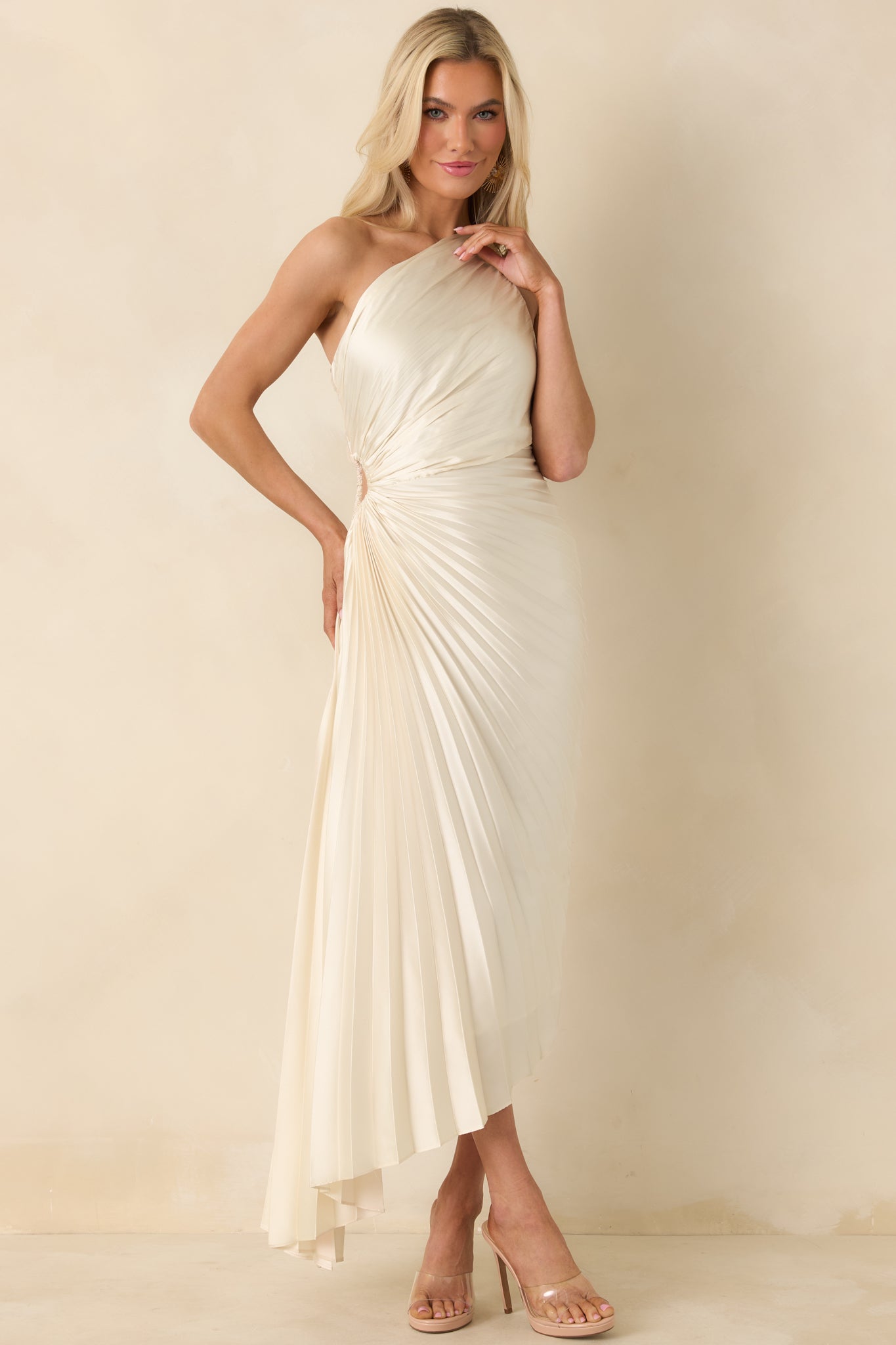 Poetic Charm Light Ivory Asymmetric One Shoulder Maxi Dress