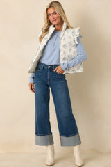 Glad You're Here Ivory Multi Floral Pattern Puffer Vest