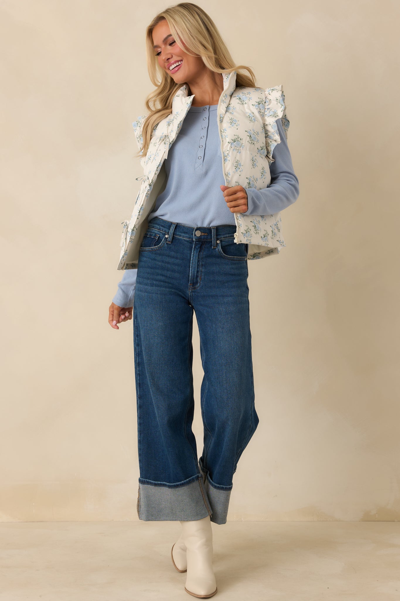 Glad You're Here Ivory Multi Floral Pattern Puffer Vest