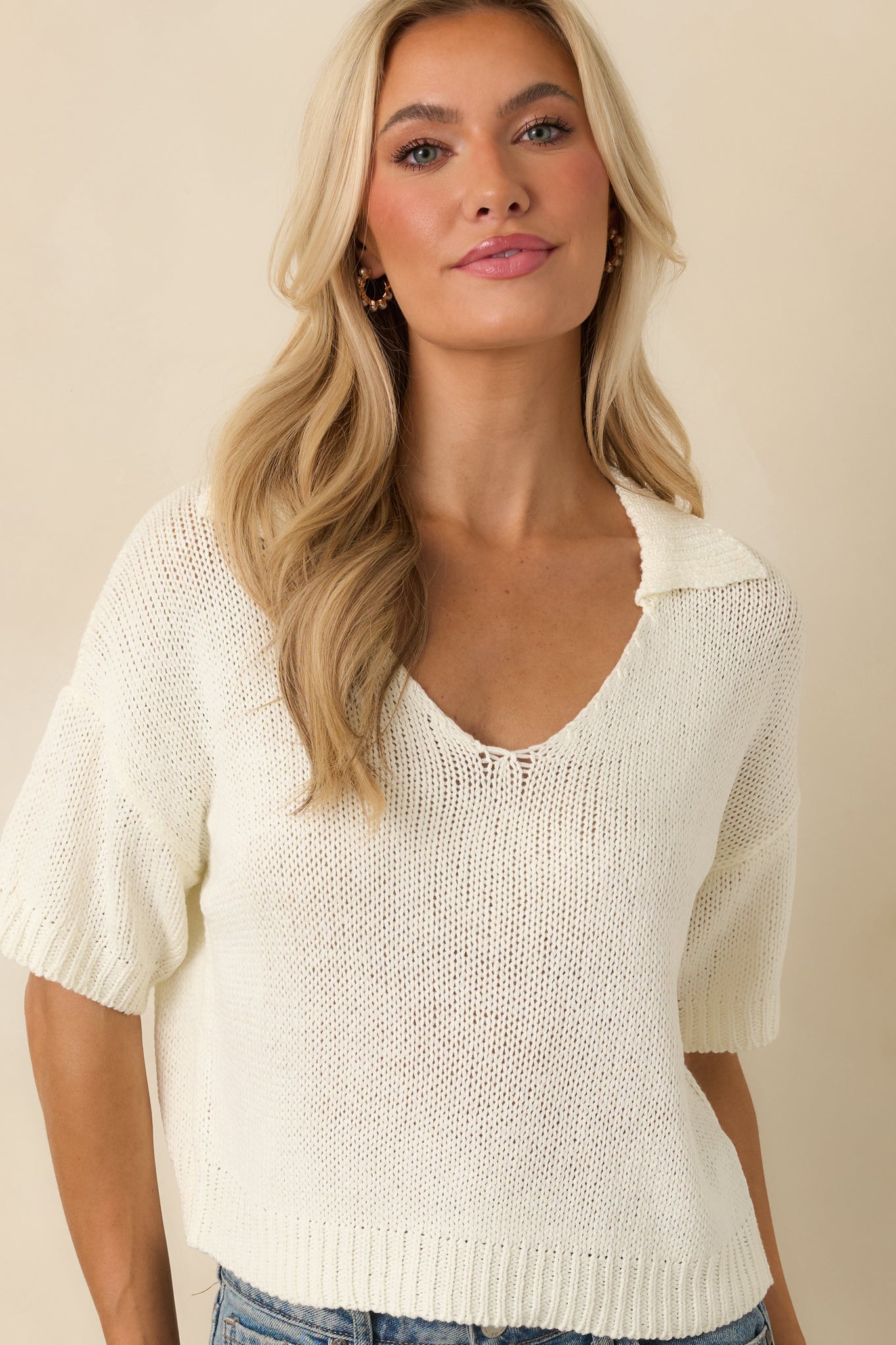 Without Thinking Twice Ivory Knit Collard V-Neck Short Sleeve Sweater