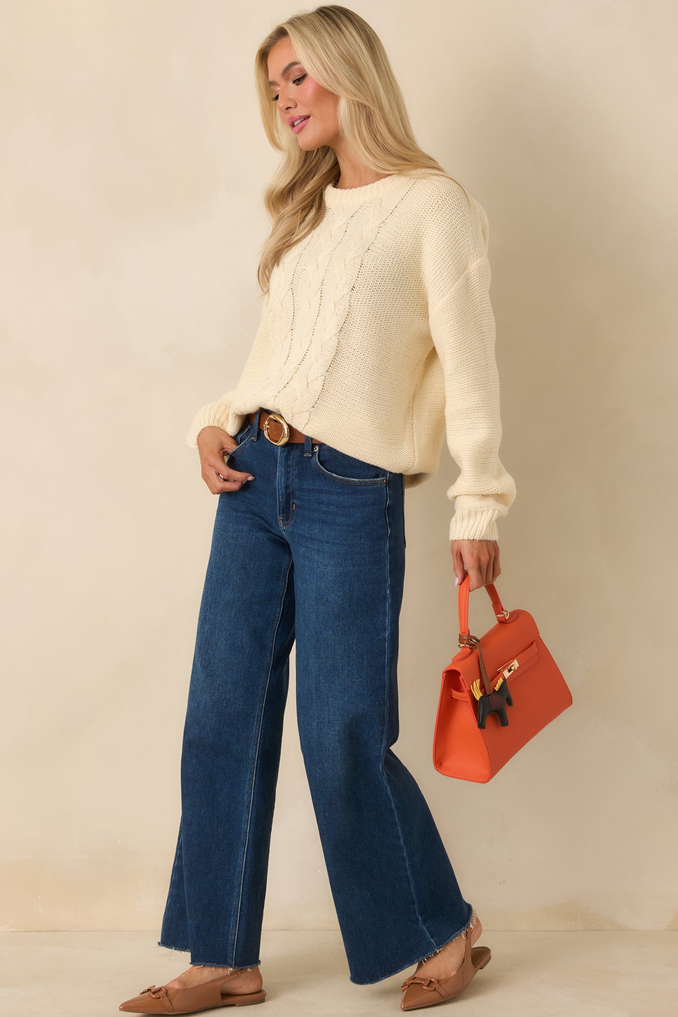 All the While Ivory Cable Knit Crewneck Pullover Sweater