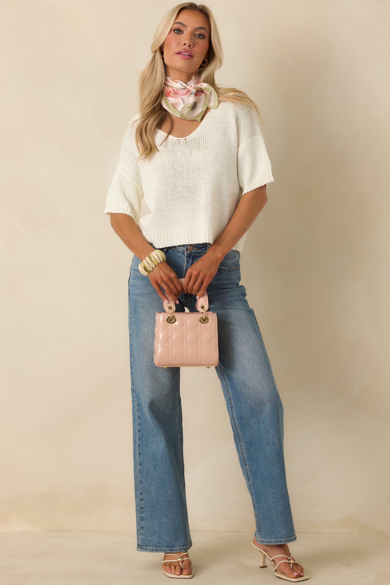 Without Thinking Twice Ivory Knit Collard V-Neck Short Sleeve Sweater
