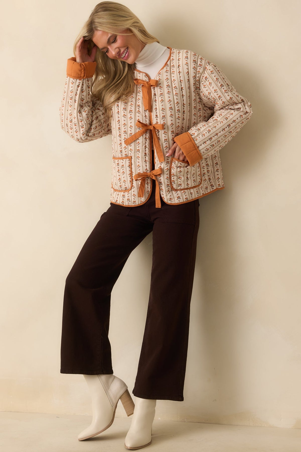 Take No Chances Orange Floral Print Cotton Quilted Bow Front Jacket
