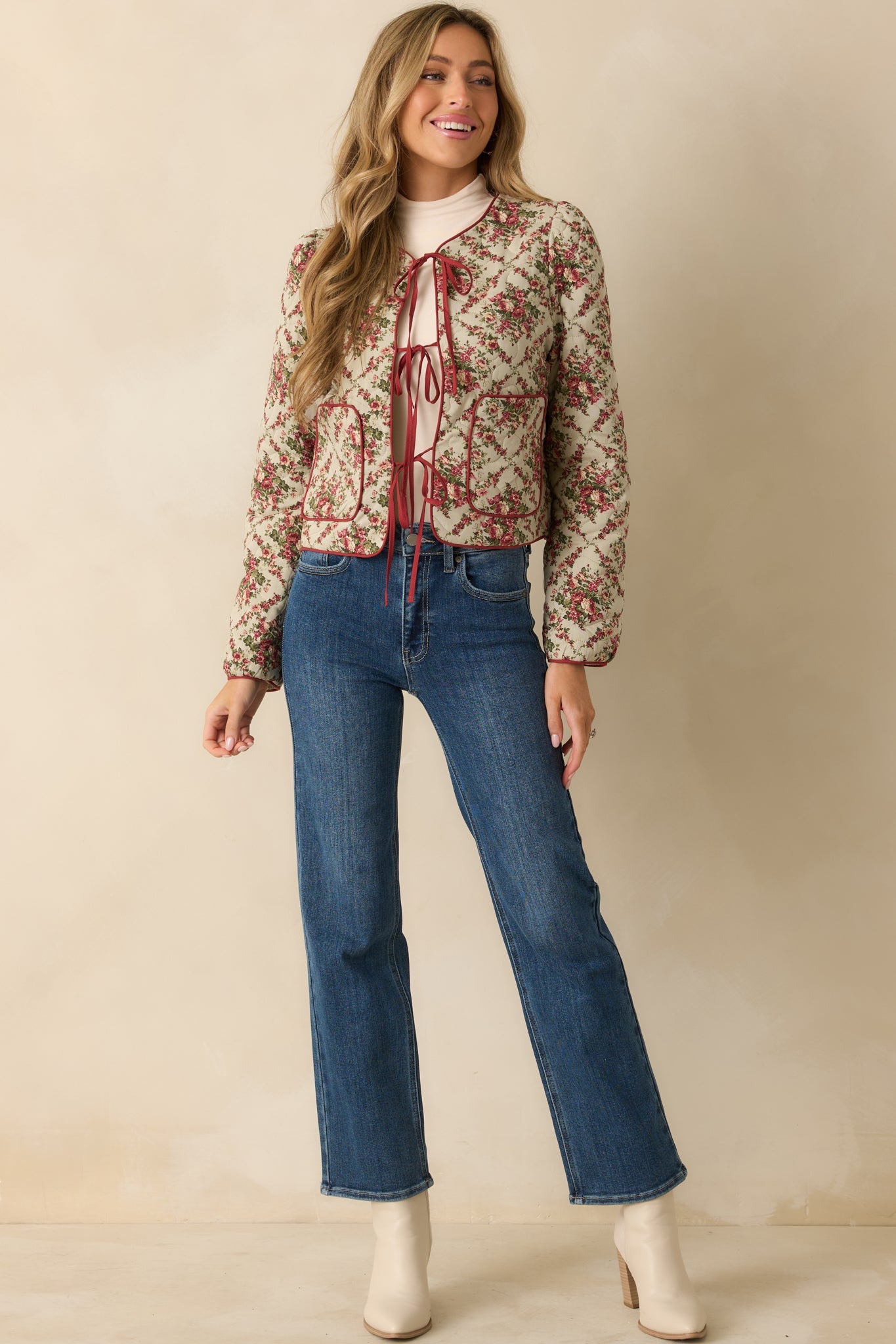 Winter Rose Ivory Multi Floral Pattern Tie Front Quilted Jacket